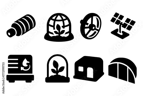 Space Habitat Icons. Solid style icons of Space Habitats: rotating cylinder, biosphere dome, artificial gravity ring, solar panels