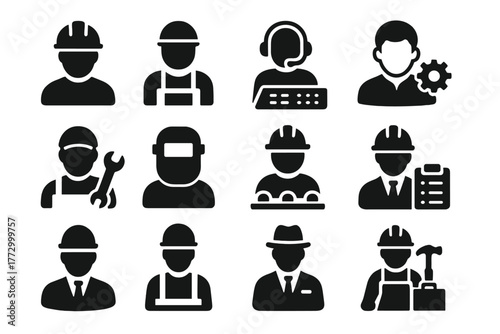 Industrial Worker Icons. Solid style icons of Workers: engineer with helmet, factory worker, operator at panel, technician with
