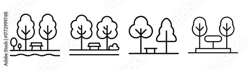 Vector park landscape illustration with trees benches and nature elements in black and white line art