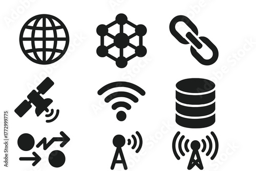 Quantum Network Icons. Solid style icons of quantum networks: globe, nodes, chain, satellite, wifi signal, database, path arrows,