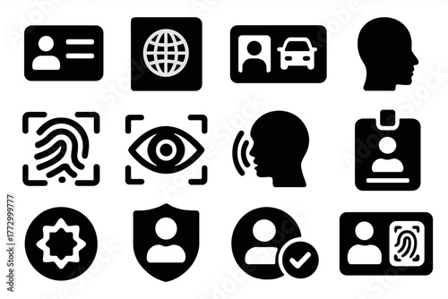Identity Icons Collection. Solid style icons of Identity: ID card, passport, driver license, face profile, fingerprint ID, retina