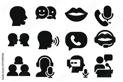 Communication Icon Pack. Solid style icons of Communication: talking head, chatting faces, mouth with phone, mouth with microphone
