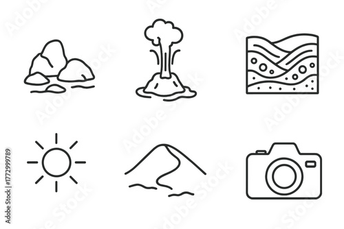 Desert Geyser Icons. Line style icons of Desert Geyser: Arid Rocks, Steam Column, Hot Water, Mineral Veins, Sun, Sand Dune, Ranger