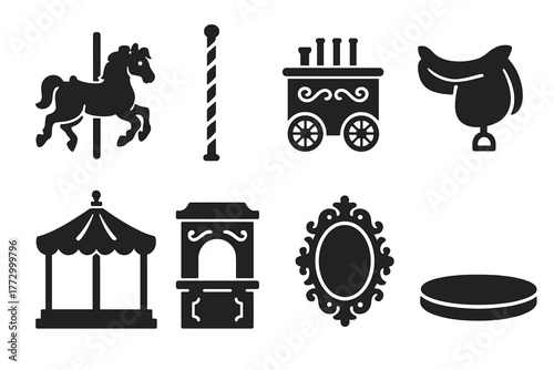 Vintage Carousel Icons. Solid style icons of Vintage Carousel: carved horse, brass pole, calliope, worn saddle, ornate canopy,