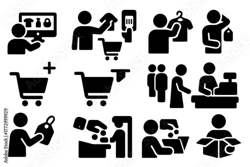 Shopping Icons. Solid style icons of Shopping activities: browsing items, comparing products, scanning barcode, adding to cart,