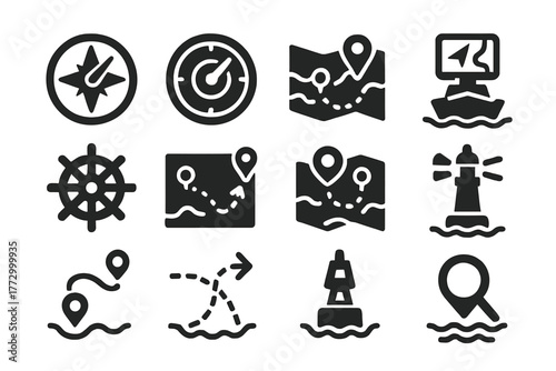 Nautical Navigation Icons. Solid style icons of sea navigation and control: ship compass, maritime radar, ocean map, GPS on boat,