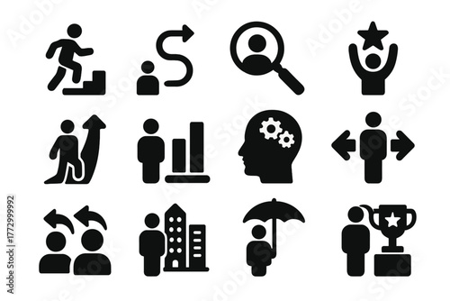 Career Path Icons. Solid style icons of Careers: career ladder, career path, job search, dream job, promotion arrow, professional