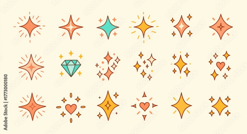 Fototapeta premium Collection of retro mid century modern starbursts and sparkling geometric shapes in warm vintage colors