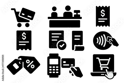 Shopping Icon Collection. Solid style icons of Shopping and purchase: cart with card, checkout counter, receipt, purchase invoice,