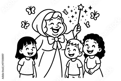 Magical Fairy Godmother. Joyful fairy godmother holding a wand with sparkles, butterflies, and children smiling around, black and