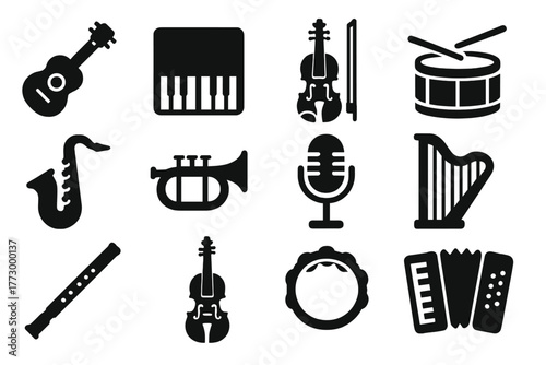 Solid Music Icons. Solid style icons of Music instruments: guitar, piano, violin, drum, saxophone, trumpet, microphone, harp,