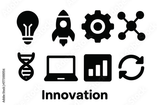 Innovation Icon Set. Solid style icons of innovation: lightbulb, rocket, gear, neural network, DNA strand, laptop, chart, arrows