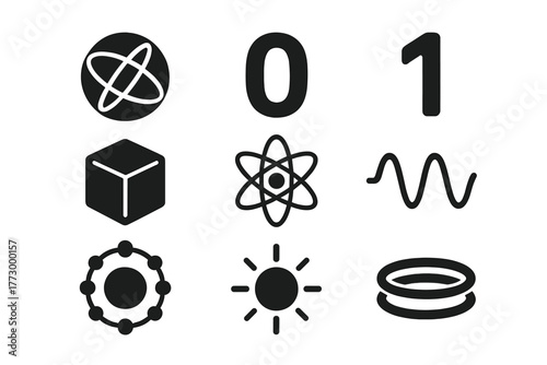 Quantum Icon Concepts. Solid style icons of qubits: quantum sphere, binary 0 and 1, cube, atom, wave line, circle with dots,