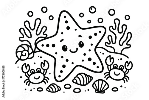 Starfish and Ocean Friends. Cute starfish lying on the ocean floor with seashells, corals, and smiling crabs around, black and
