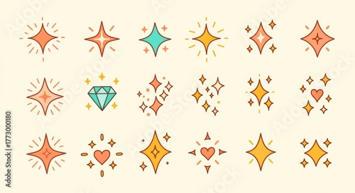 Collection of retro mid century modern starbursts and sparkling geometric shapes in warm vintage colors