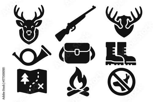 Hunting Heritage Icons. Solid style icons of Hunting Heritage: mounted deer head, hunting rifle, antler trophy, hunter’s horn,