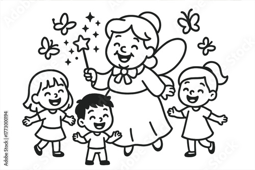 Magical Fairy Godmother. Joyful fairy godmother holding a wand with sparkles, butterflies, and children smiling around, black and