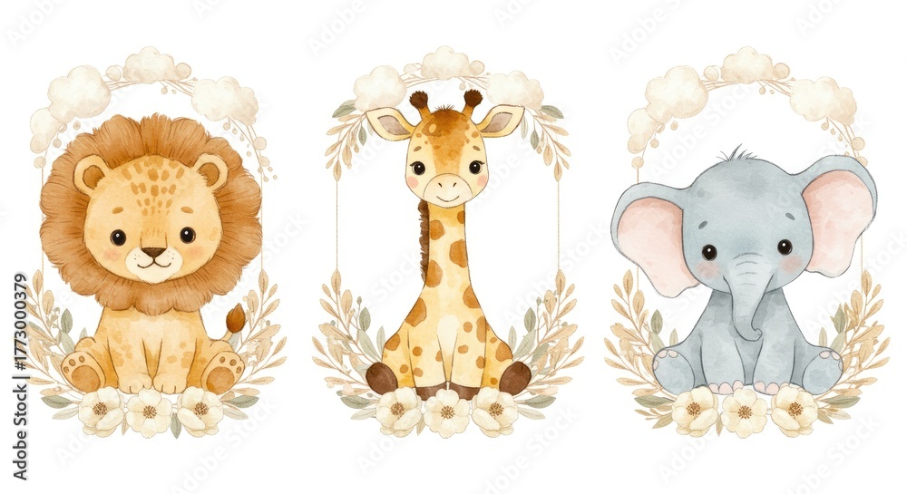Fototapeta premium Adorable watercolor safari animals including a lion giraffe and elephant surrounded by soft foliage and floral elements perfect for baby shower decor