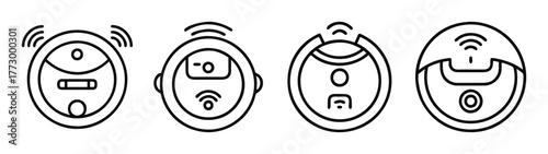 Robot vacuum cleaner icon set, smart home cleaning device, automated floor cleaner, wireless vacuum