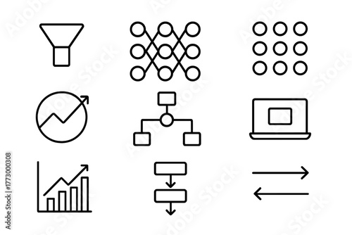 Machine Learning Icons. Line style icons of Machine Learning: Model, Neural Network, Training Dataset, Prediction, Algorithm Icon,