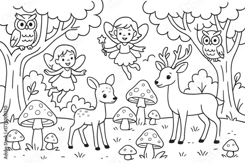 Enchanted Forest Coloring Page. Magical forest glade with fairies, deer, owls, and glowing mushrooms, black and white line art,