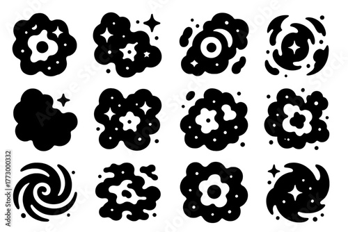 Solid Style Nebulas. Solid style icons of Nebulas: glowing nebula, star-forming cloud, planetary nebula, supernova remnant, dark