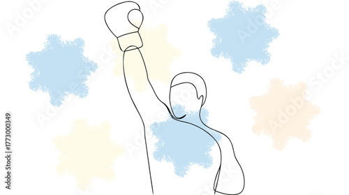 Minimalist single line drawing a triumphant boxer raising a gloved fist with abstract pastel splashes