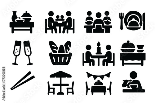 Dining Icons Collection. Solid style icons of Dining: table with food, couple dining, group eating, fine dining plate, champagne