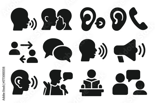 Communication Icons. Solid style icons of Communication: talking person, whispering person, ear with mouth, phone call ear,
