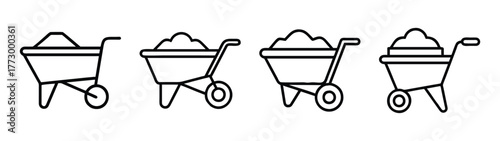 Collection of black and white outline wheelbarrows filled with soil for landscaping work
