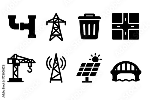 City Infrastructure Icons. Solid style icons of City Infrastructure: water pipes, power grid, waste system, road network,