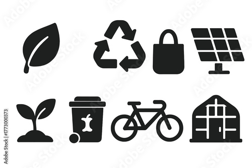 Sustainable Produce Icons. Solid style icons of sustainable produce: eco leaf, recycling arrows, reusable bag, solar panel,