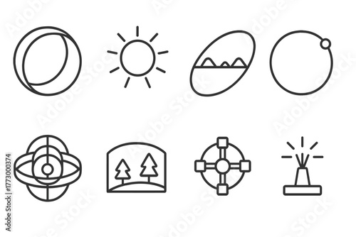 Ringworld Icons. Line style icons of Ringworld: Artificial World, Sun, Inner Surface, Vast Scale, Orbital Ring, Habitat Zone,