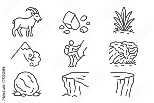 Wildlife Scree Icons. Line style icons of Wildlife Scree: Mountain Goat, Loose Rock, Hardy Plant, Boulder, Avalanche Risk,
