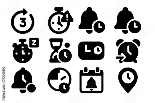 Time Notification Icons. Solid style icons of time-based notifications: countdown timer, stopwatch alert, bell with clock, timed