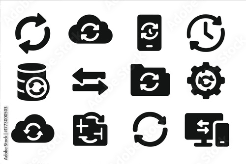 Synchronization Icons. Solid style icons of synchronization: sync arrows, cloud sync icon, device syncing, real-time sync,
