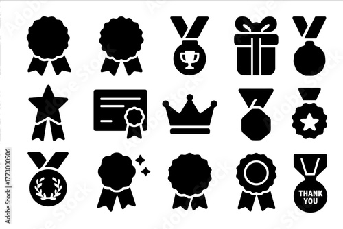Reward Icon Collection. Solid style icons of Rewards: prize ribbon, award badge, trophy medal, gift medal, honor star, certificate