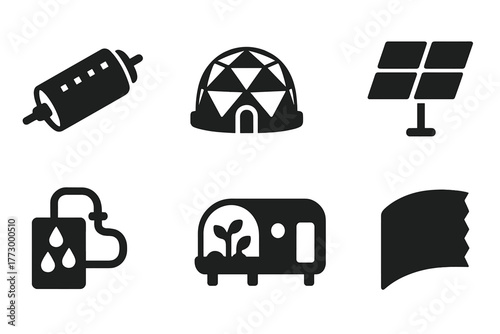 Space Habitat Icons. Solid style icons of Space Habitats: rotating cylinder, biosphere dome, artificial gravity ring, solar panels