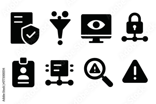 Network Security Icons. Solid style icons of Network Protection: server shield, traffic filter, intrusion detection, secure socket