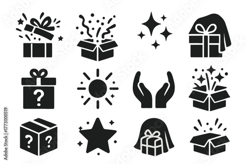 Surprise Gift Icons. Solid style icons of Surprise elements: gift explosion, confetti box, surprise sparkles, hidden present,
