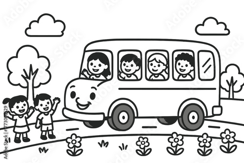 Cheerful School Bus. Happy school bus with cheerful faces on windows driving past trees, flowers, and waving kids, black and white