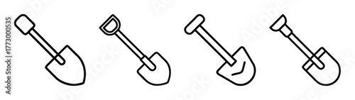 Shovel vector icon set outline style gardening tools digging equipment agriculture construction work 