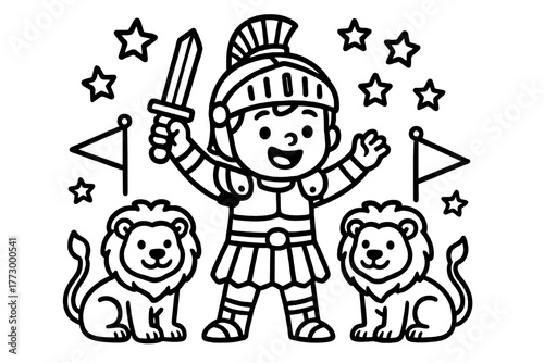 Gladiator Child Coloring Page. Happy gladiator child wearing armor and holding a wooden sword with lions, banners, and stars,