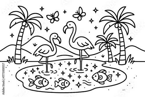 Magical Desert Oasis. Magical desert oasis with palm trees, flamingos, fish, and butterflies flying over sparkling water, black