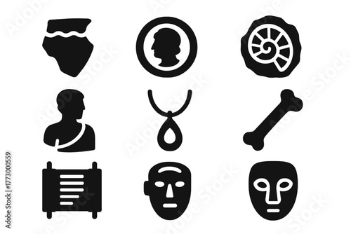 Archaeological Icon Set. Solid style icons of discoveries: pottery shard, coin, fossil, statue fragment, jewelry, bone, scroll,