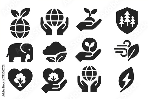 Eco-Friendly Icons. Solid style icons of environment and preservation: globe with leaves, hands holding earth, nature care icon,