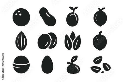 Solid Seed Icons. Solid style icons of Seeds and Nuts: coconut seed, large nut, germinating seed, sprouting nut, seed husk,