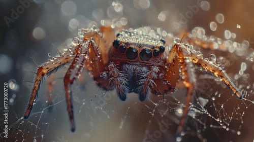 Brown Jumping Spider Covered in Morning Dew on Web Keywords: spider, jumping spider, Photo