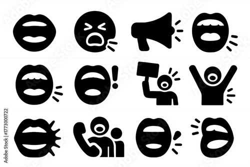 Shouting Icons Collection. Solid style icons of Shouting: yelling mouth, screaming face, mouth with megaphone, loud protest mouth,