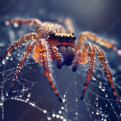 Close up of a jumping spider on a dew covered web arachnid Photo